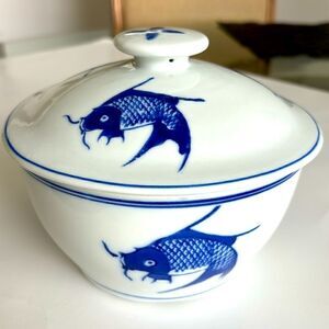 Chinese Koi Fish Serving Bowl With Lid Ceramic Blue White
